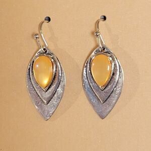 Amber Orange Cabochon Teardrop Dangle Earrings Silver Tone Leaf w/ Gift Bag